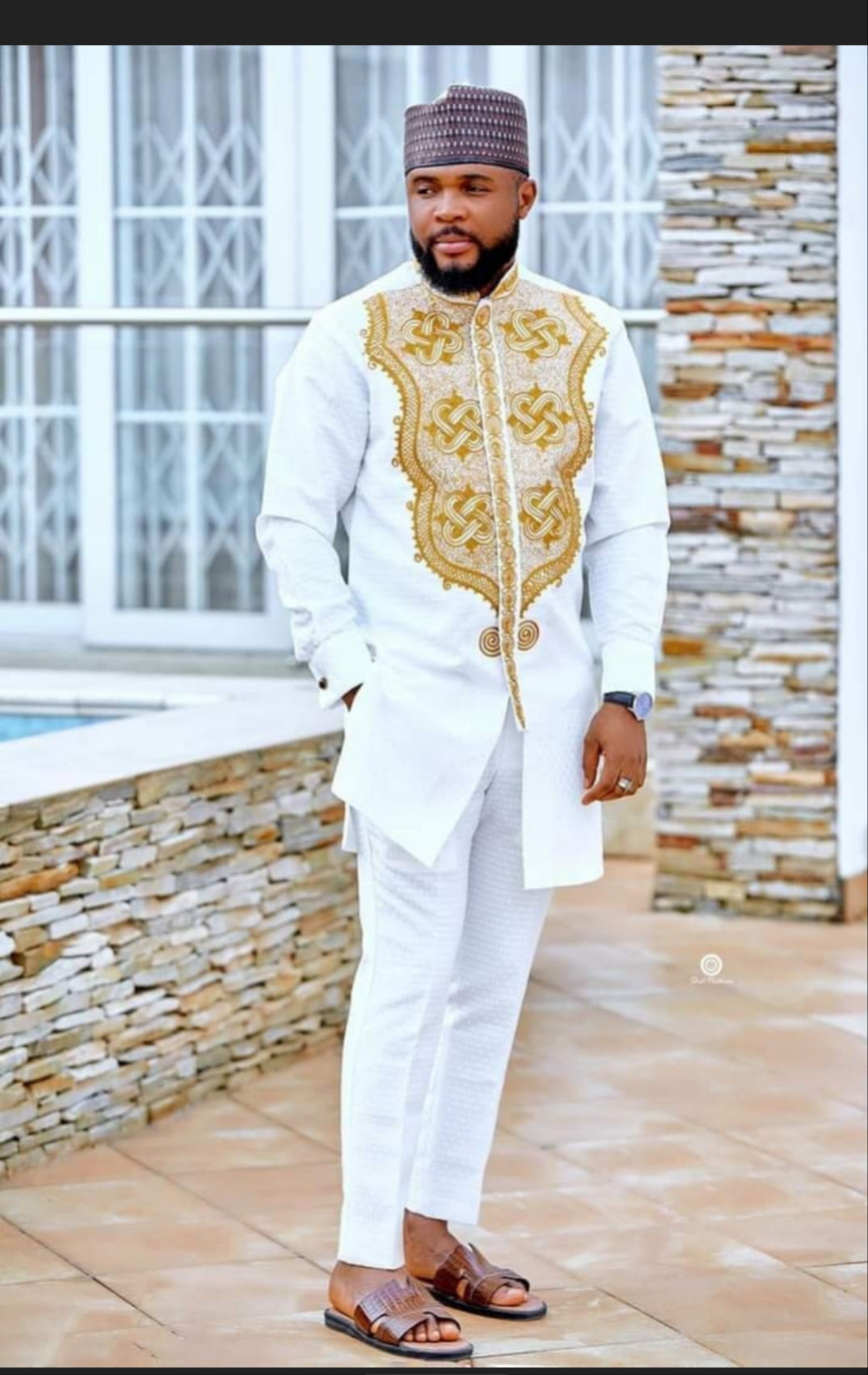 white and gold embroidered men's african clothing
