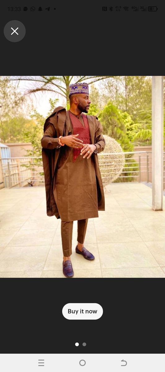brown african three piece agbada