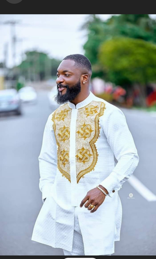 white and gold embroidered men's african clothing