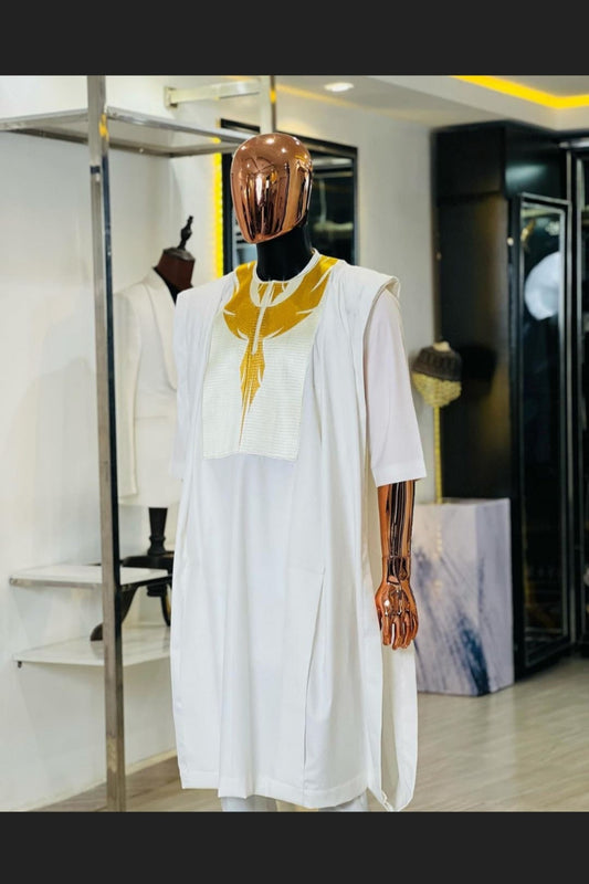 White and gold embroidered wedding agbada