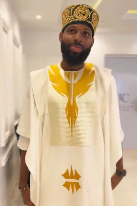 White African men's agbada with gold embroidery