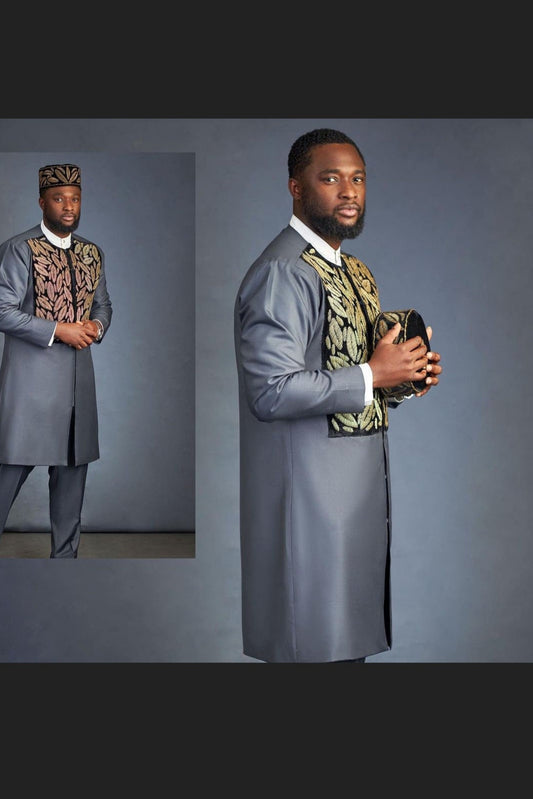 man wearing an embellished african caftan suit