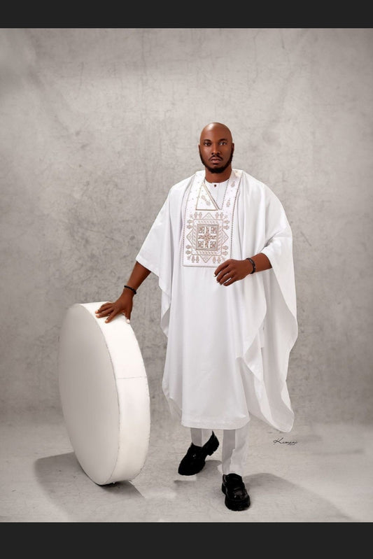man wearing white embellished agbada